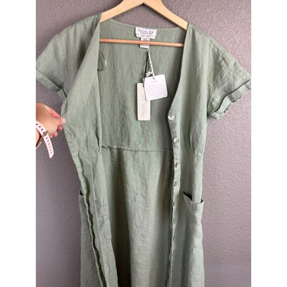 Rachel Zoe Midi Linen Dress Size XS Linen Green Button Front Short Sleeve Retro - Picture 3 of 13